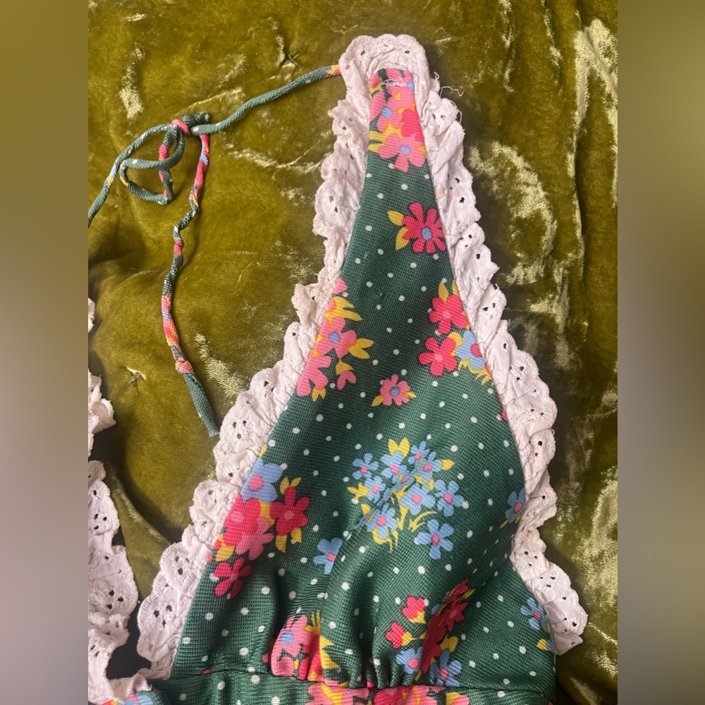 Vintage 1970s floral halter lace button flower green top boho chic - Picture 8 of 16